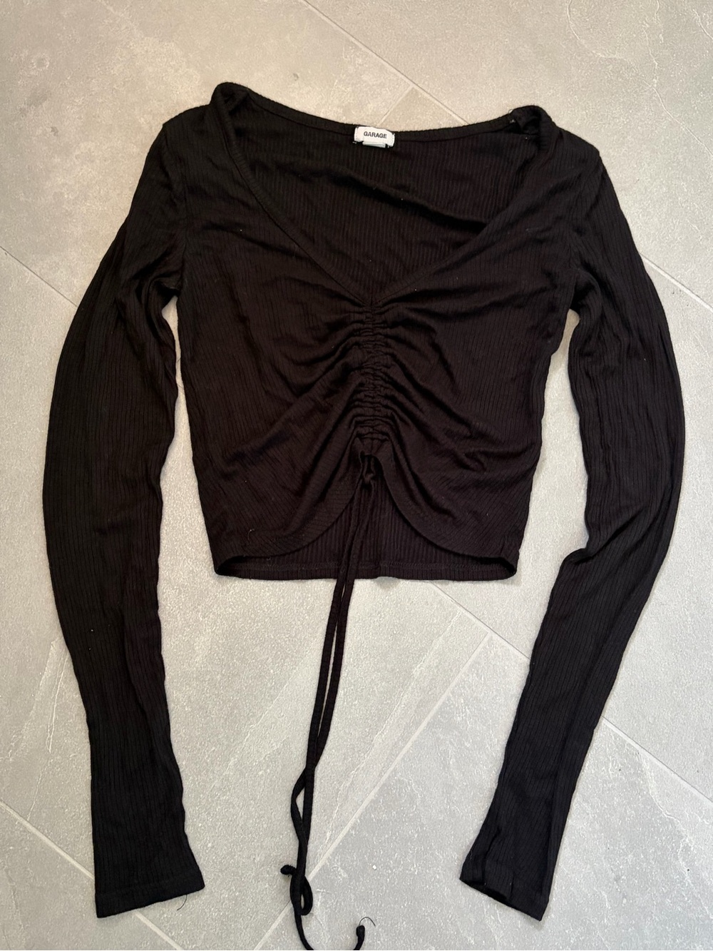 Garage Black Ribbed Ruched Drawstring Long-Sleeve Crop Top